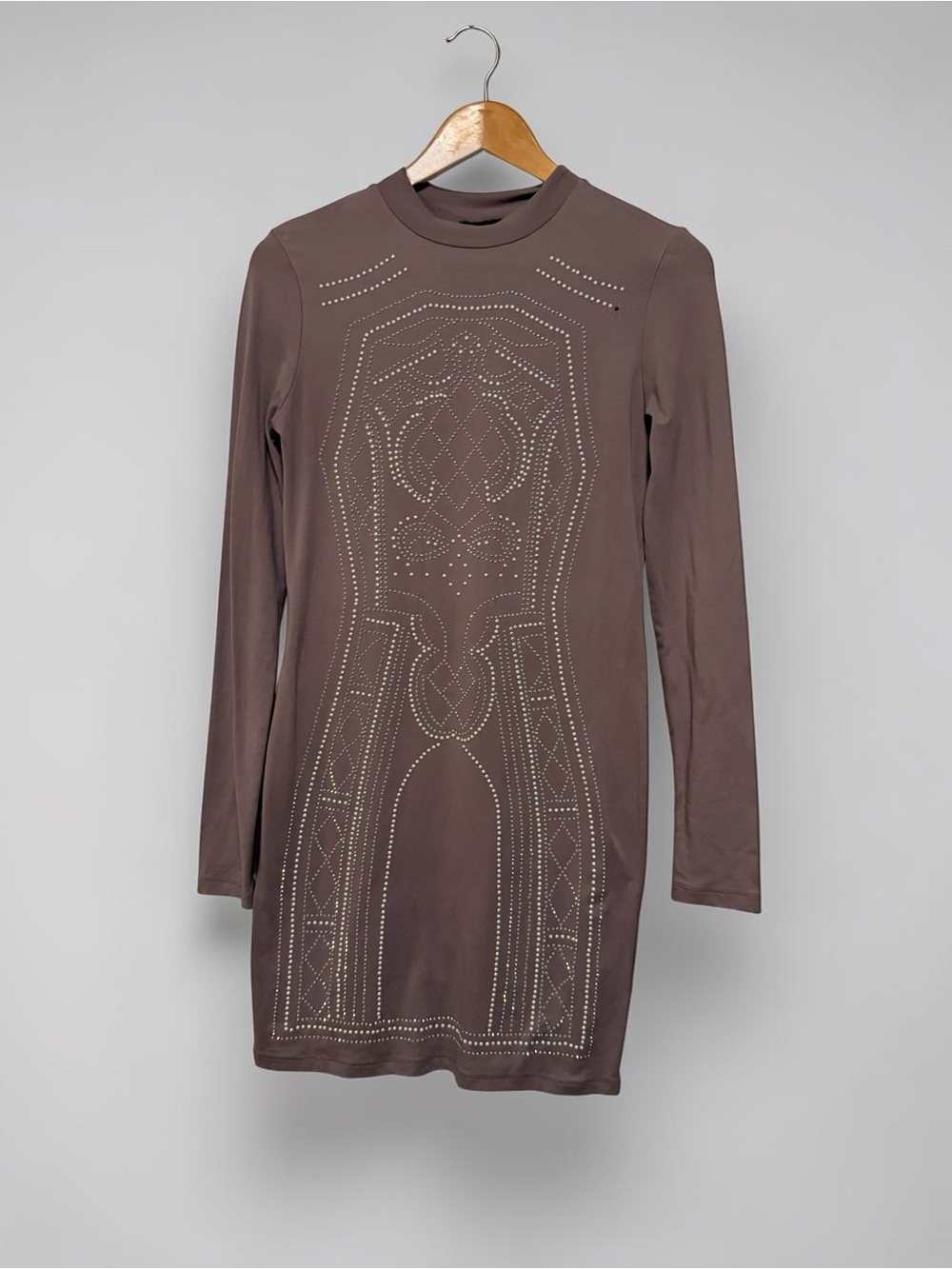 Say What? Studded Long Sleeve Bodycon Dress in Taupe Brown/Purple Tone